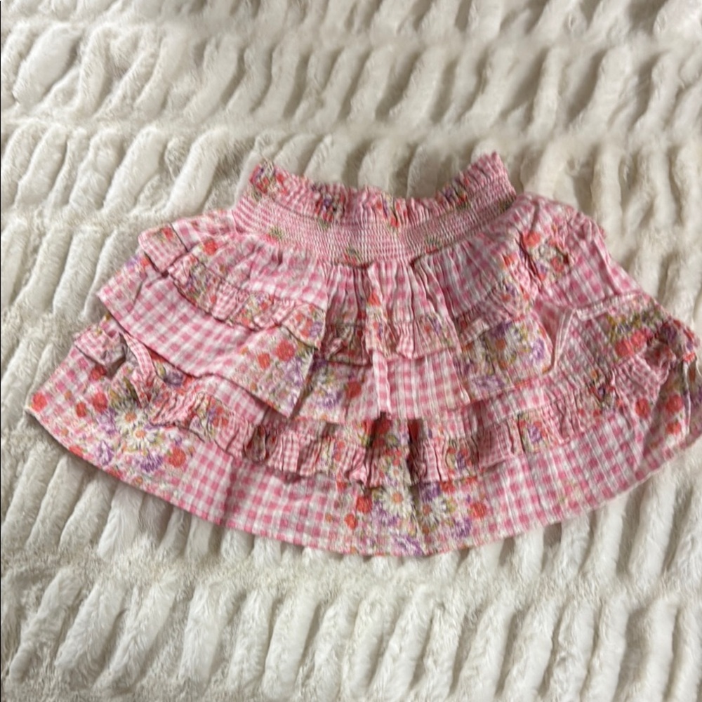 Loveshackfancy Pink Gingham Floral Ruffle Skirt